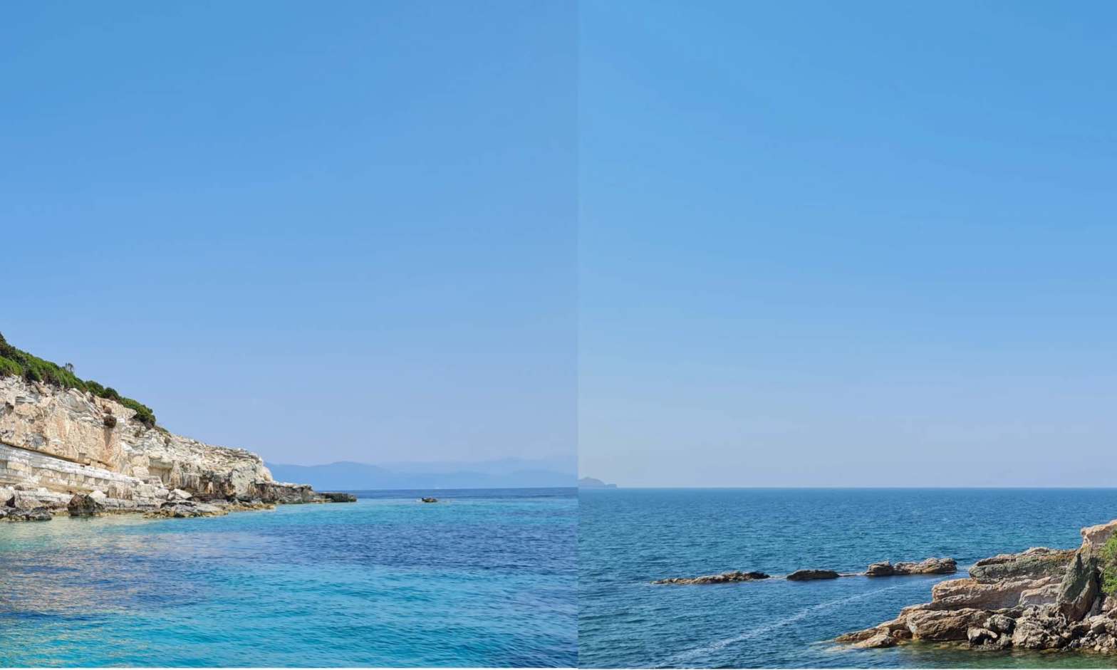 Left is the blue Ionian sea with a white cliff and on the right the more turquoise aegean sea with grey rocks